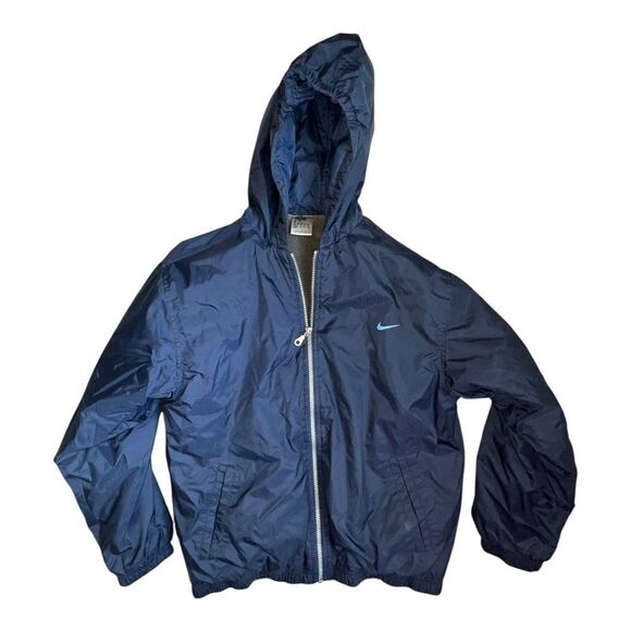 Nike Boys Blue Big Swoosh Logo Lined Hooded Jacket Vintage Large 14-16 EUC - Picture 1 of 5
